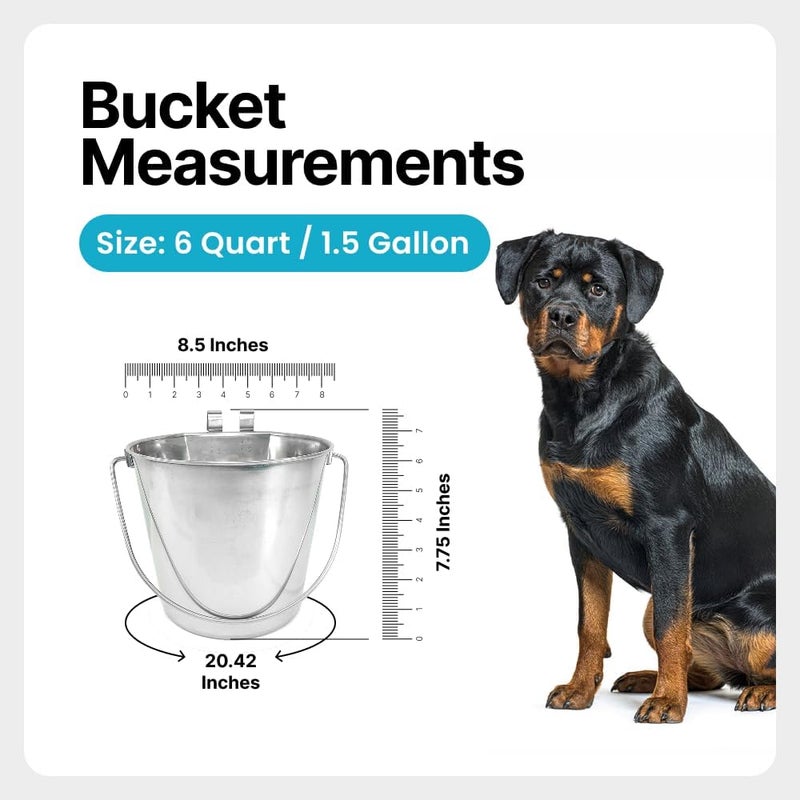 PetYupp Heavy Duty Stainless Steel Flat Side Bucket w/Hooks 1.5 Gallon - 6 Quart Metal Bucket for Feeding & Watering Pets, Livestock & Cleaning - Perfect for Crates, Kennels, Cages & Hang on Fences - Image 2